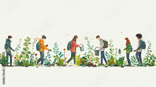 Save planet people poster. Men and women watering plants and picking up trash. Activists and volunteers care about narure and ecology, environment. Cartoon flat vector illustration