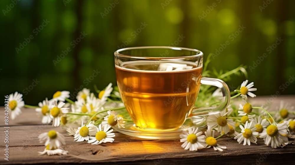 A cup of tea is sitting on a wooden table with a bunch of daisies next to it A cup of tea is sitting on a wooden table with a bunch of daisies next to it