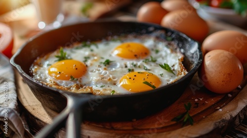 Close-up view of breakfast in a rustic cast iron skillet, sunny-side up eggs, morning sun, country kitchen