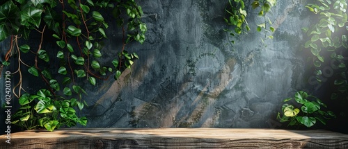 Wooden podium with green plants  Dark textured background  Sunlight  Rustic table  Minimalist design  Product presentation  Copy text space