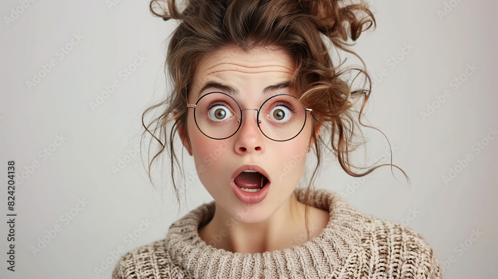Shock, glasses and portrait of businesswoman in a studio with wow, omg or wtf facial expression