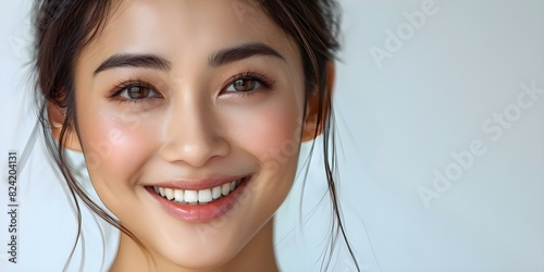Closeup of a radiant Asian woman with flawless smile perfect for advertising and web design. Concept Asian Woman, Closeup, Radiant Smile, Advertising, Web Design