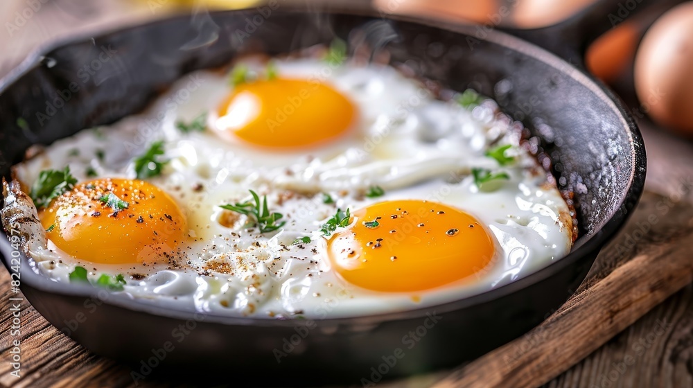 Detailed shot of sunny-side up eggs in a seasoned cast iron skillet, breakfast concept, warm and cozy atmosphere Detailed shot of sunny-side up eggs in a seasoned cast iron skillet, breakfast concept, warm and cozy atmosphere
