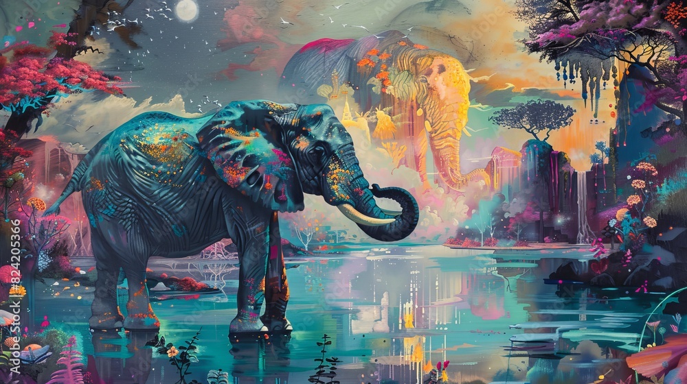 Elephant painting on a colossal canvas, surreal setting, dreamlike colors, fantastical background, and imaginative elements, vibrant and whimsical scene Elephant painting on a colossal canvas, surreal setting, dreamlike colors, fantastical background, and imaginative elements, vibrant and whimsical scene