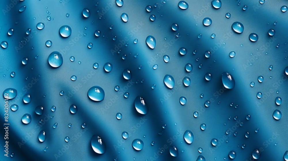 The image is of a blue fabric with water droplets on it