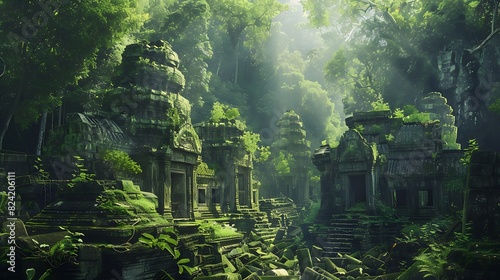 A panoramic view of an ancient temple complex reclaimed by the jungle, with towering trees and lush vegetation obscuring the structures © H7 CLUB