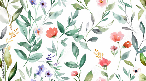 A seamless pattern of watercolor wild leaves and flowers
