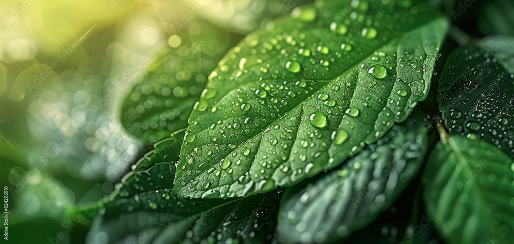 Macro shot of green leaf with dew drops, Nature foliage abstract, Leaf texture, Green business, Ecology, Organic greenery, Natural product background, 3D illustration Macro shot of green leaf with dew drops, Nature foliage abstract, Leaf texture, Green business, Ecology, Organic greenery, Natural product background, 3D illustration