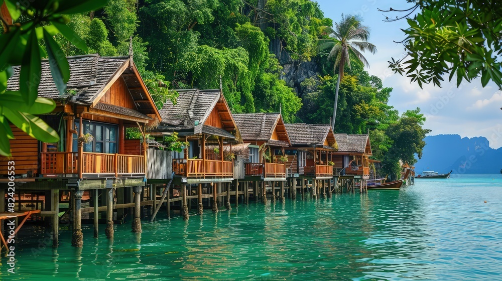 A picturesque row of wooden houses on the water, framed by the turquoise sea and a lush island with tropical trees. A picturesque row of wooden houses on the water, framed by the turquoise sea and a lush island with tropical trees.