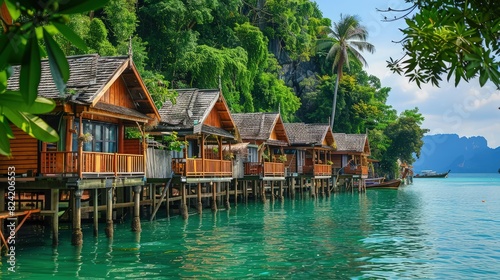 A picturesque row of wooden houses on the water, framed by the turquoise sea and a lush island with tropical trees.