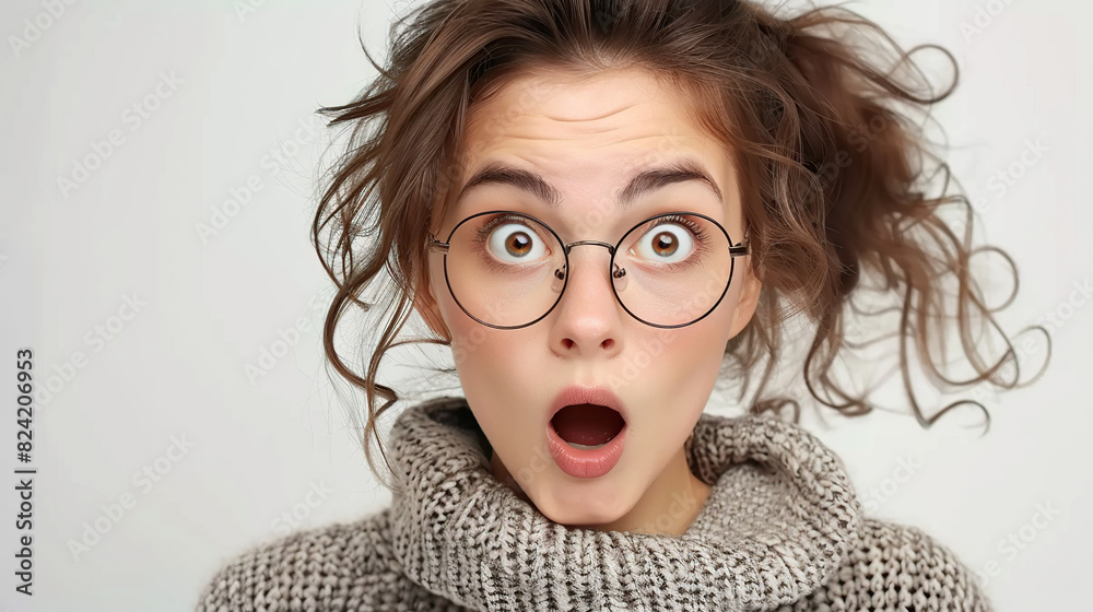 Shock, glasses and portrait of businesswoman in a studio with wow, omg or wtf facial expression Shock, glasses and portrait of businesswoman in a studio with wow, omg or wtf facial expression