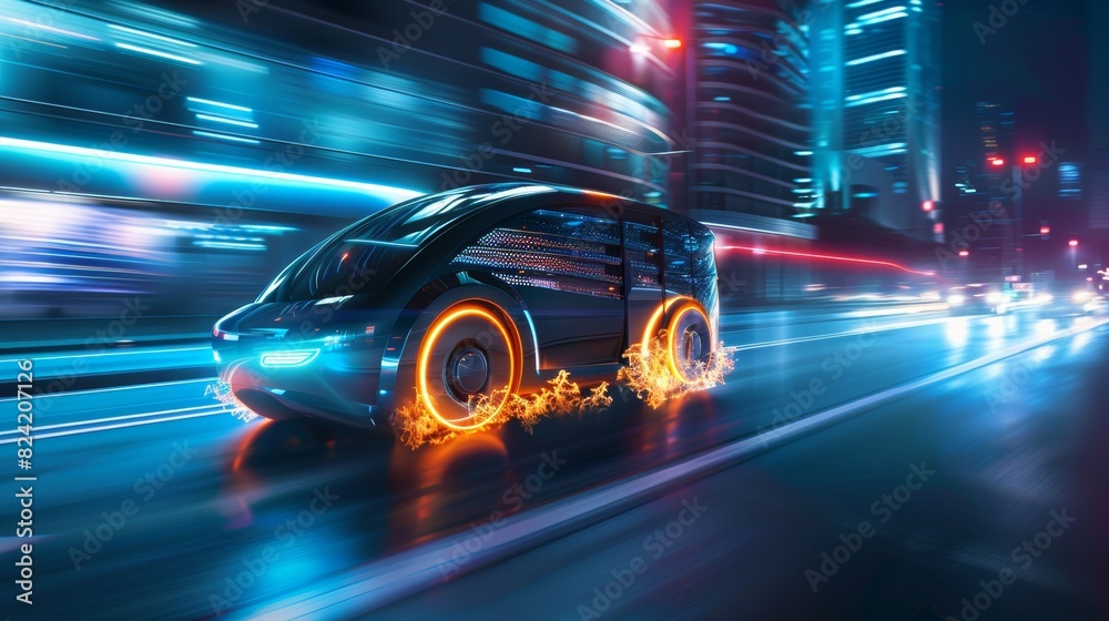 Fototapeta premium Futuristic van with flames on its wheels, speeding through a modern urban landscape, representing the pinnacle of logistics speed