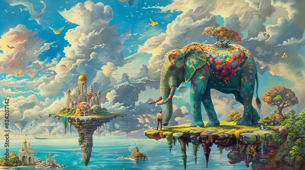 Obraz premium Giant canvas with an elephant artist, surreal landscape, floating islands, vibrant hues, whimsical and imaginative, evoking a sense of creativity and wonder