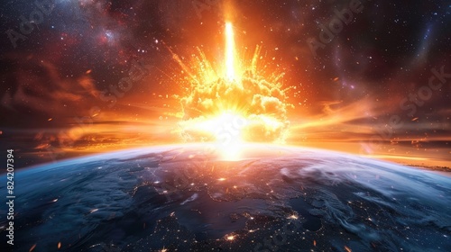 High-orbit view of a nuclear explosion on Earth  dazzling light and energy waves spreading across the planet