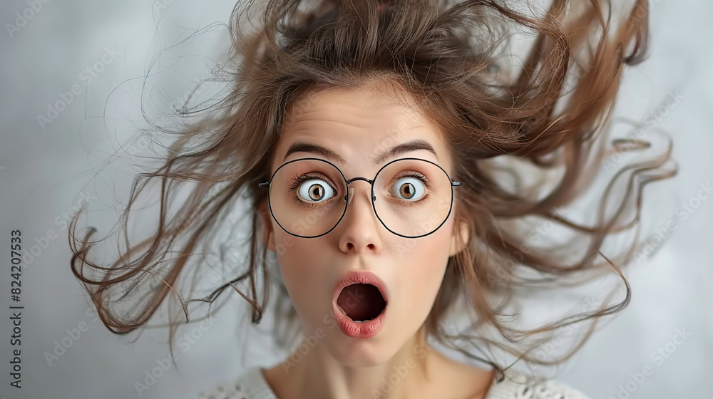 Shock, glasses and portrait of businesswoman in a studio with wow, omg or wtf facial expression Shock, glasses and portrait of businesswoman in a studio with wow, omg or wtf facial expression