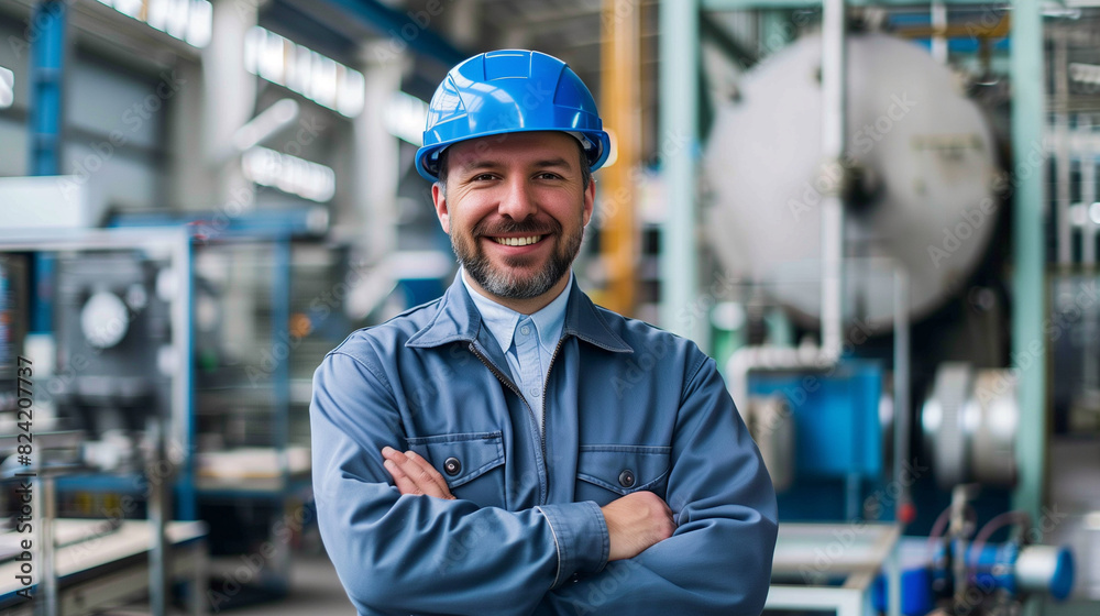 portrait of a smiling engineer standing in modern manufacturing factory plant portrait of a smiling engineer standing in modern manufacturing factory plant