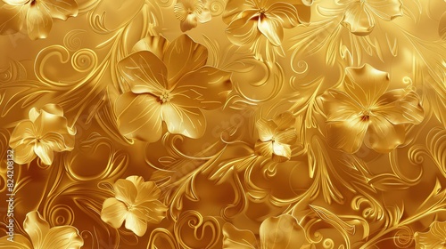 A rich abstract gold floral texture with stylized flowers and curling vines, offering a warm and inviting decorative pattern.
