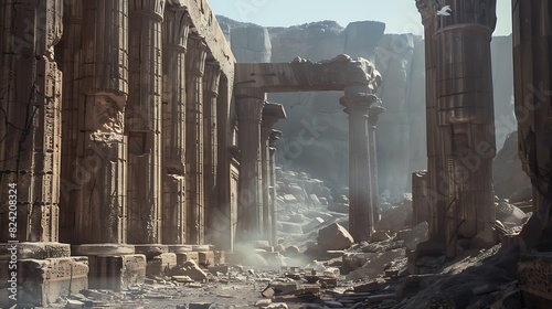 Wind whistling through the shattered columns of an ancient temple, echoing through the deserted landscape