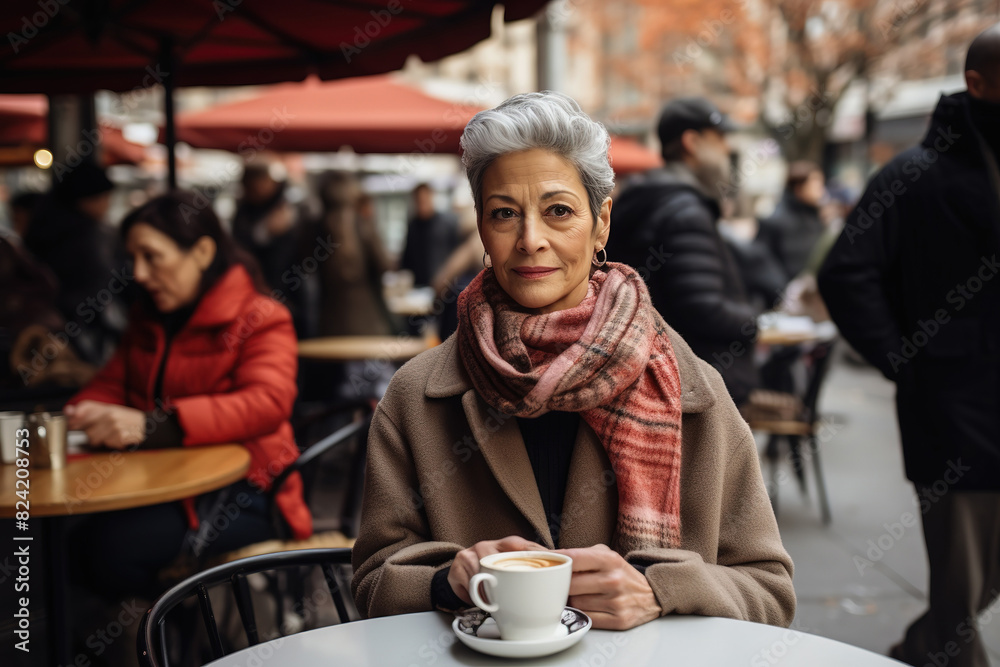 Middle Aged Woman in Winter Clothes Enjoying Coffee at Outdoor Cafe