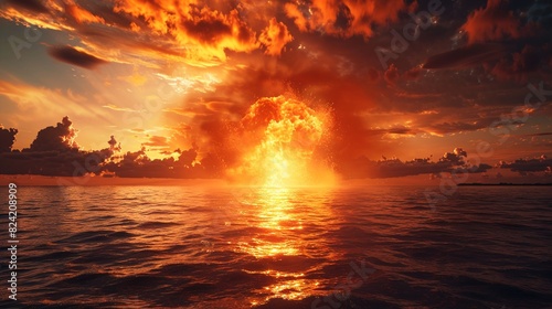 Nuclear bomb in the ocean, immense fire plume, sea ablaze post-explosion, catastrophic impact