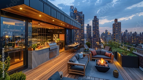 The rooftop terrace in the modern city boasts a sleek barbecue and a wide skyline view. photo