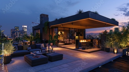 A sleek barbecue on a modern city rooftop terrace with a view of the skyline.