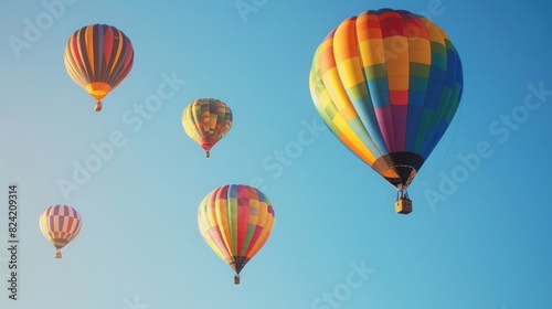 Colorful hot air balloons rising against the clear blue sky at Albuquerque park in Arizona during a sunny day, real photo. The balloons were depicted