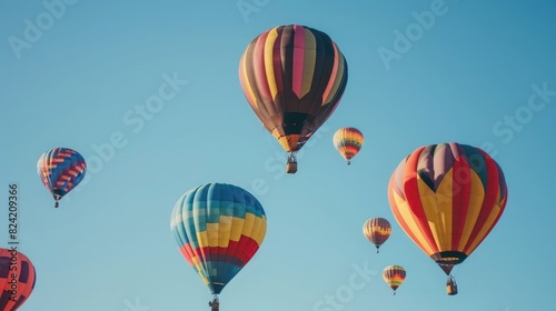 Colorful hot air balloons rising against the clear blue sky at Albuquerque park in Arizona during a sunny day, real photo. The balloons were depicted