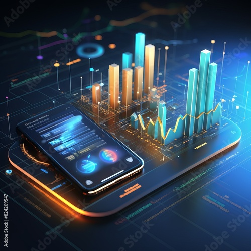 Isometric smartphone displaying business graph and analytics data for trend analysis and software development coding process in technology sector, highlighting programming and cross-platform testing

 photo