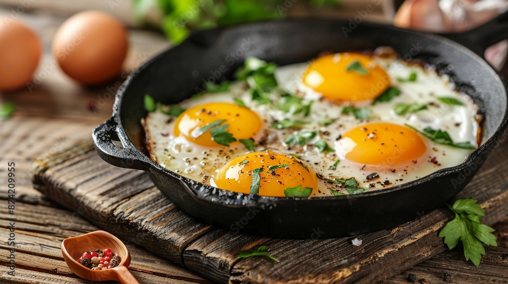 Rustic cast iron skillet on wooden table, sunny-side up eggs, breakfast concept, cozy farmhouse feel Rustic cast iron skillet on wooden table, sunny-side up eggs, breakfast concept, cozy farmhouse feel