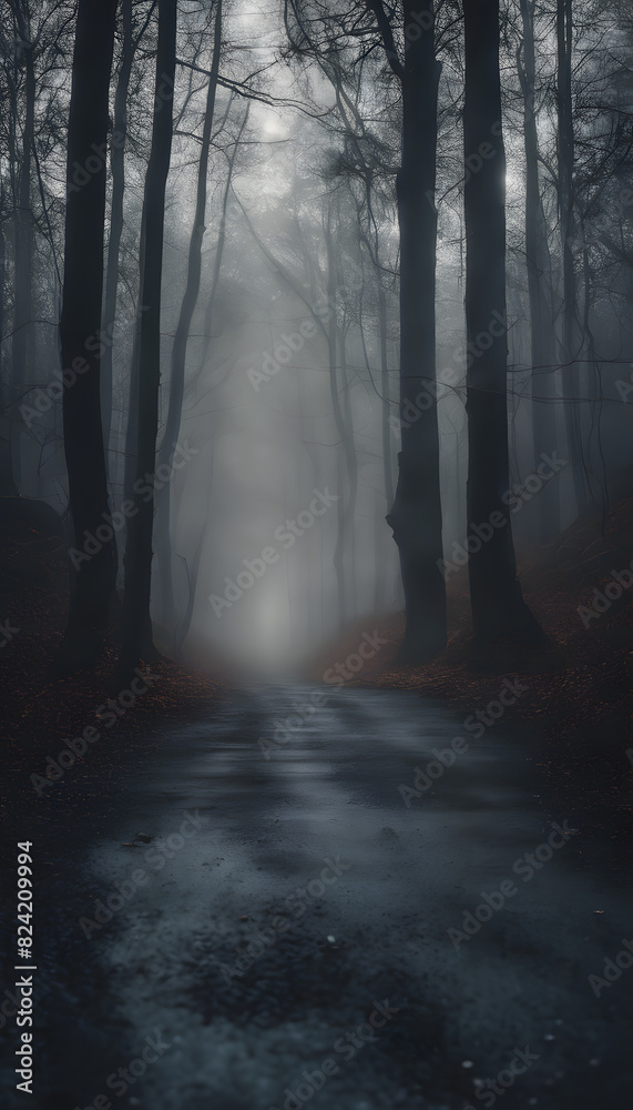 Naklejka premium A misty forest path with tall, dark trees and a foggy atmosphere. The path is wet and reflective, creating an eerie and mysterious ambiance.