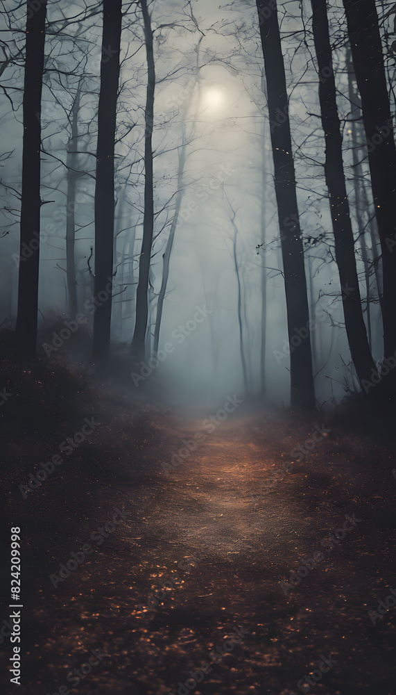 Fototapeta premium A foggy forest path illuminated by moonlight. The tall, bare trees create an eerie atmosphere, with the path leading into the dense fog.