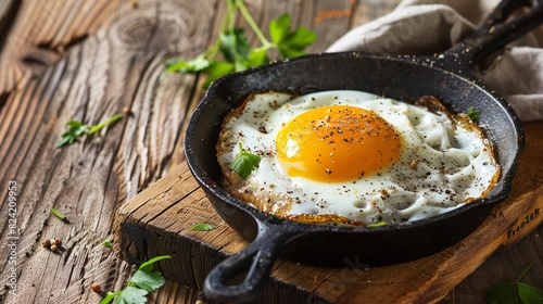 Rustic cast iron skillet on wooden table, sunny-side up eggs, breakfast concept, cozy farmhouse feel