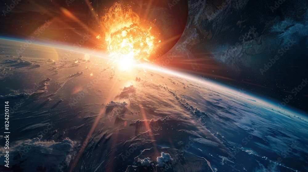 Space view of a cataclysmic nuclear explosion on Earth, blinding light and expanding fireball, shockwave radiating outward