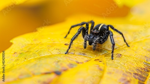 Spider perched on a sun-yellow leaf, isolated background, sharp focus, studio lighting, extreme close-up, natural texture