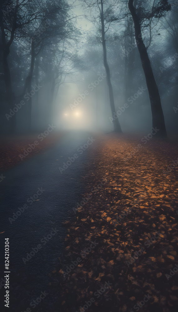 Fototapeta premium A foggy forest road at night with car headlights in the distance. The ground is covered with fallen leaves, and the trees are tall and bare.