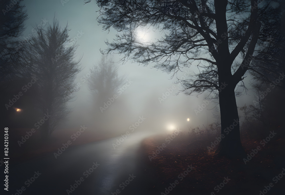 Fototapeta premium A foggy night scene with a winding road illuminated by car headlights and surrounded by bare trees.