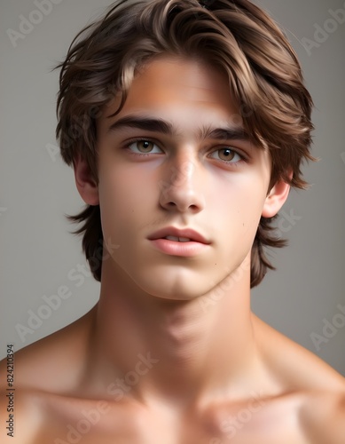 hot boy with broan eyes, brown hair in a middle part, 15 years old photo