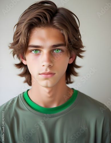 hot boy with green eyes, brown hair in a middle part, 15 years old photo