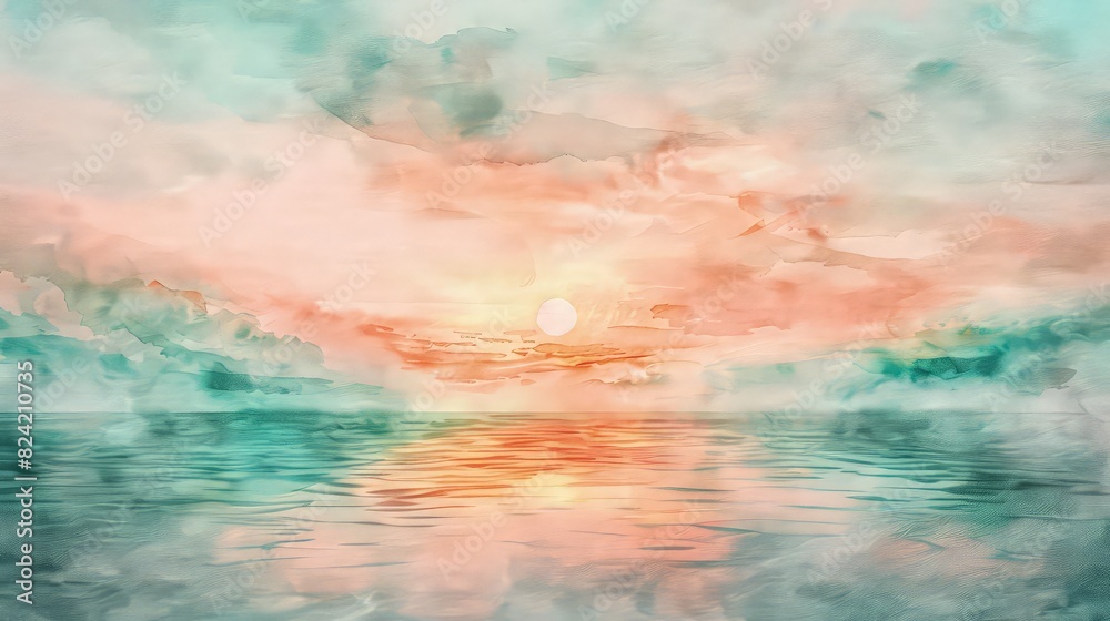 Obraz premium A serene watercolor sunset painting with delicate shades of pink, orange, and teal blending into a twilight sky over a misty lake.