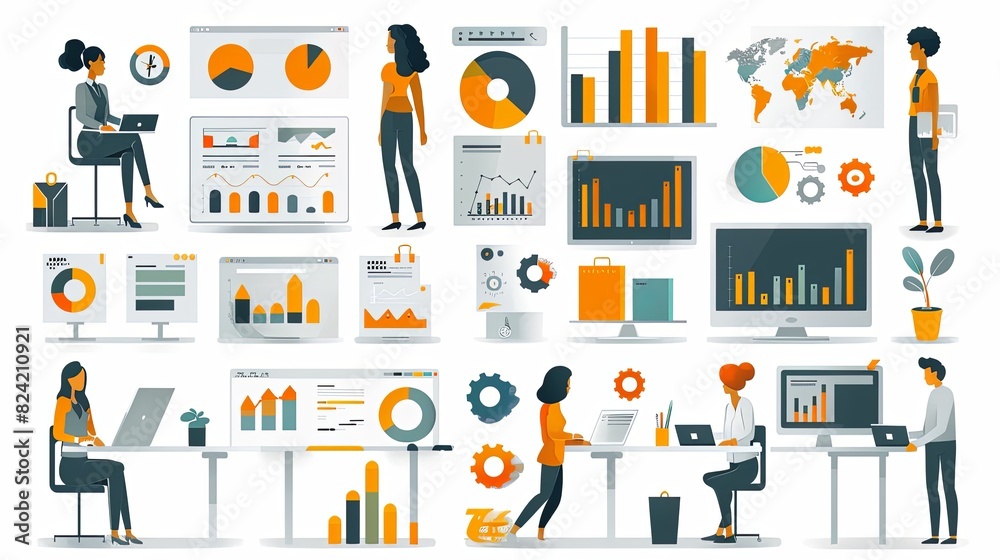 Set of business and finance people illustrations. Flat design vector illustrations of business, management, payment, market research and data analysis, communication Set of business and finance people illustrations. Flat design vector illustrations of business, management, payment, market research and data analysis, communication
