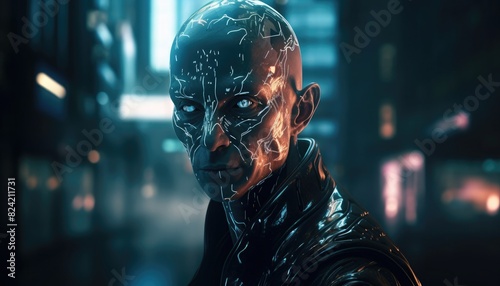 Modern cyborg man with holographic effects embodies the cutting-edge fusion of human and technology, showcasing the future of human augmentation. 🌟🤖 #CyberneticFuture photo