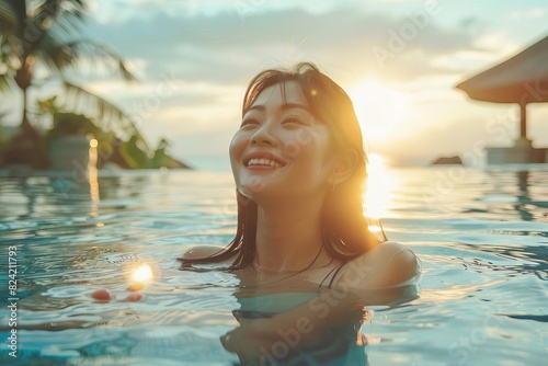 joyful asian woman enjoying sunny morning at luxury resort pool vibrant lifestyle photography