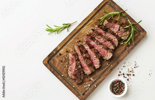 Sliced steak on wooden board with spices isolated over white background  top view