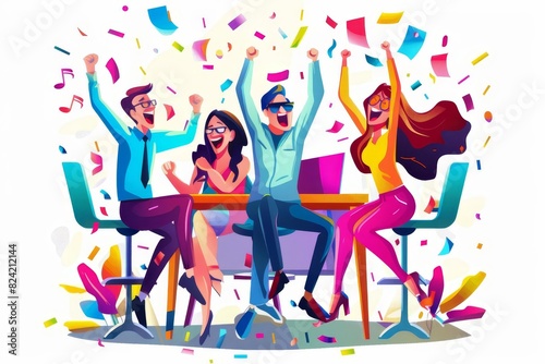 joyful business team celebrating success and achievement in vibrant office setting colorful vector illustration