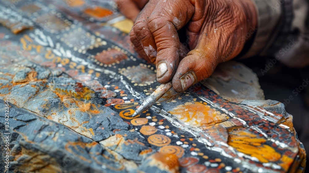 Illustrate a modern artist creating new rock art, blending traditional techniques with contemporary styles, Close up Illustrate a modern artist creating new rock art, blending traditional techniques with contemporary styles, Close up