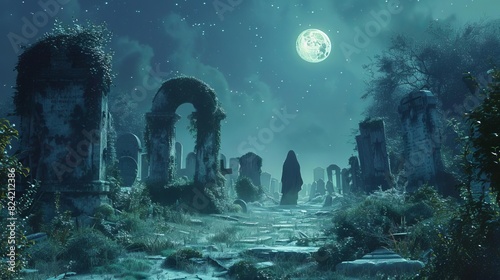 Illustrate a moonlit graveyard with ancient, weathered tombstones, overgrown ivy, and a solitary figure in dark, flowing robes, Close up