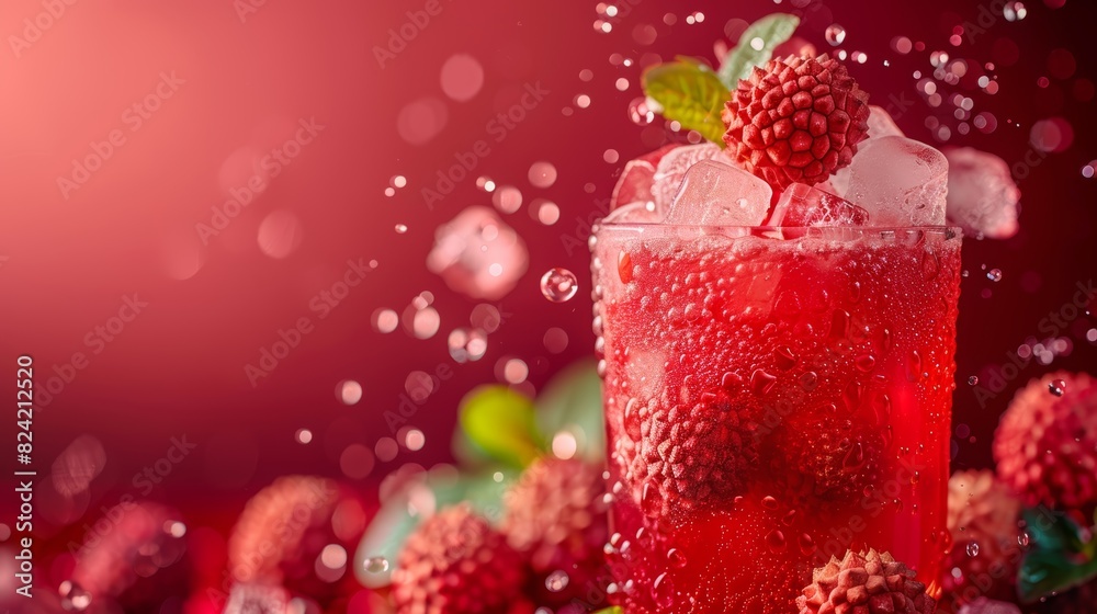 Lychee and ice cubes dropping into lychee drink, Dark red gradient background, High detail, Copy text space Lychee and ice cubes dropping into lychee drink, Dark red gradient background, High detail, Copy text space