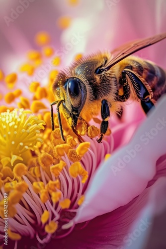 Bee closeup on a sunflower, capturing the essence of pollination. Explore the intricate world of bees, from hive to honey, highlighting their role in nature and agriculture. photo