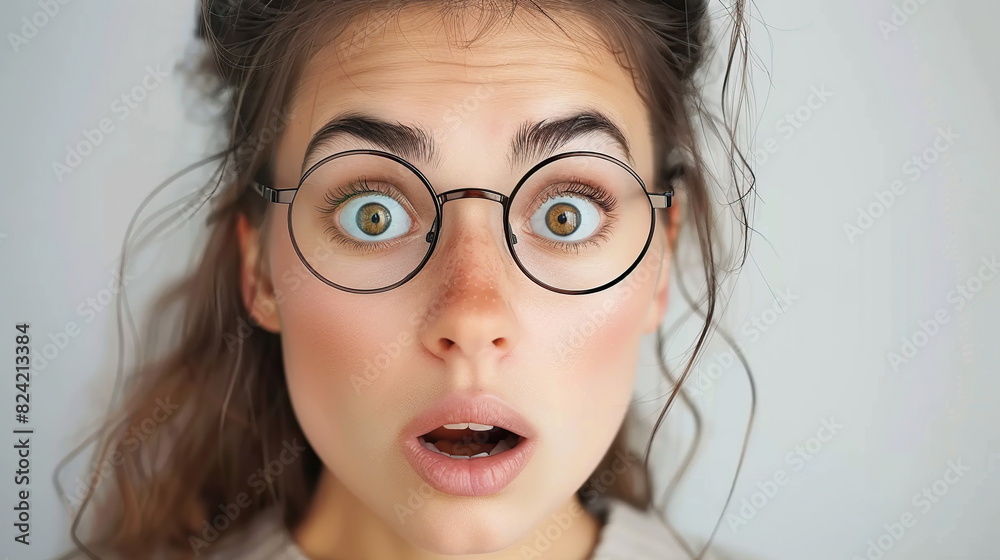 Shock, glasses and portrait of businesswoman in a studio with wow, omg or wtf facial expression Shock, glasses and portrait of businesswoman in a studio with wow, omg or wtf facial expression